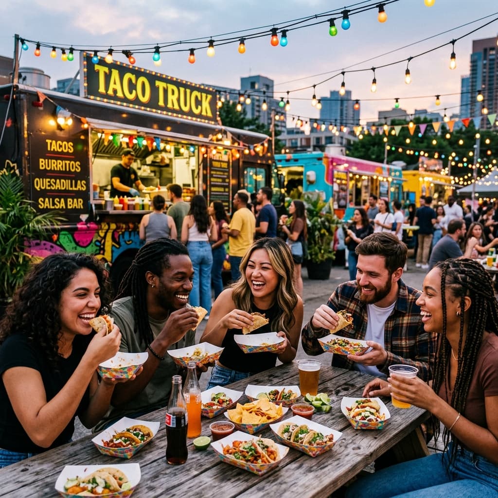 People enjoying food truck food together outdoors