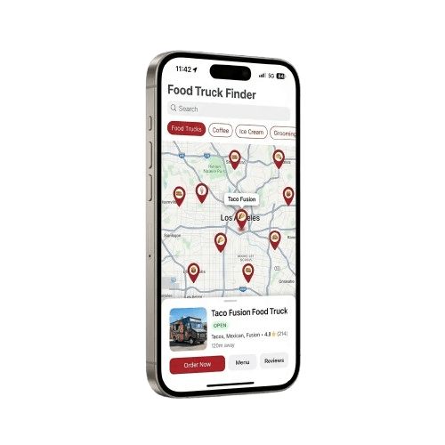 RollCall app showing live map with food truck locations, vendor cards, and order button